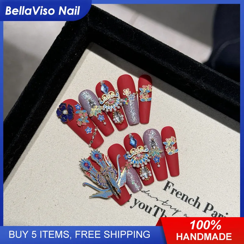 

Chinese Wedding | Luxury Traditional Red Long Coffin Press On Nails 10pcs Handmade 3D Phoenix Crown Veil Wearable Nail Art Tips