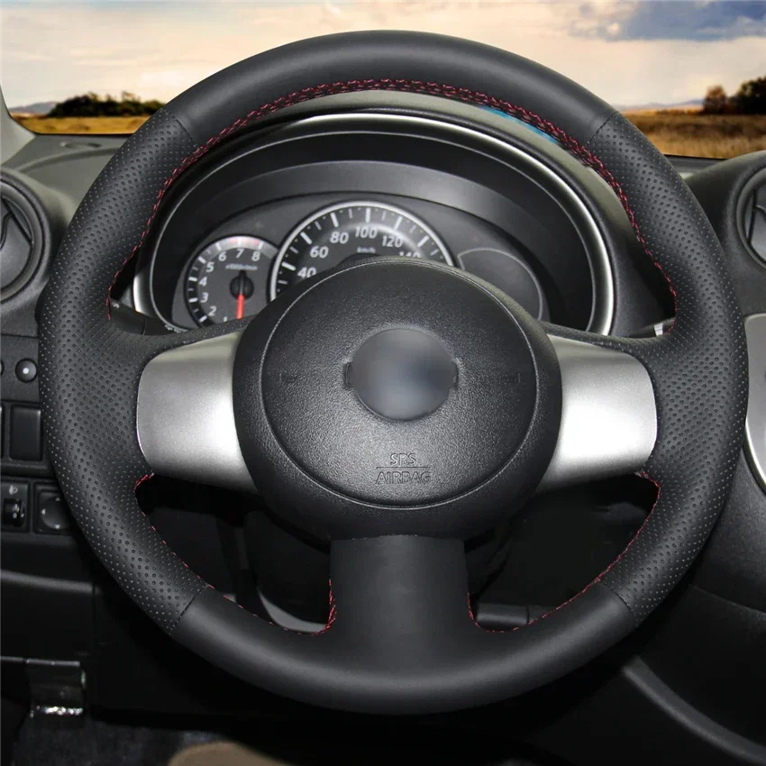 Hand-Stitched Non-slip Durable Black Leather Steering Wheel Cover Wrap for Nissan March Sunny Versa 2012-2014 Almera Cube