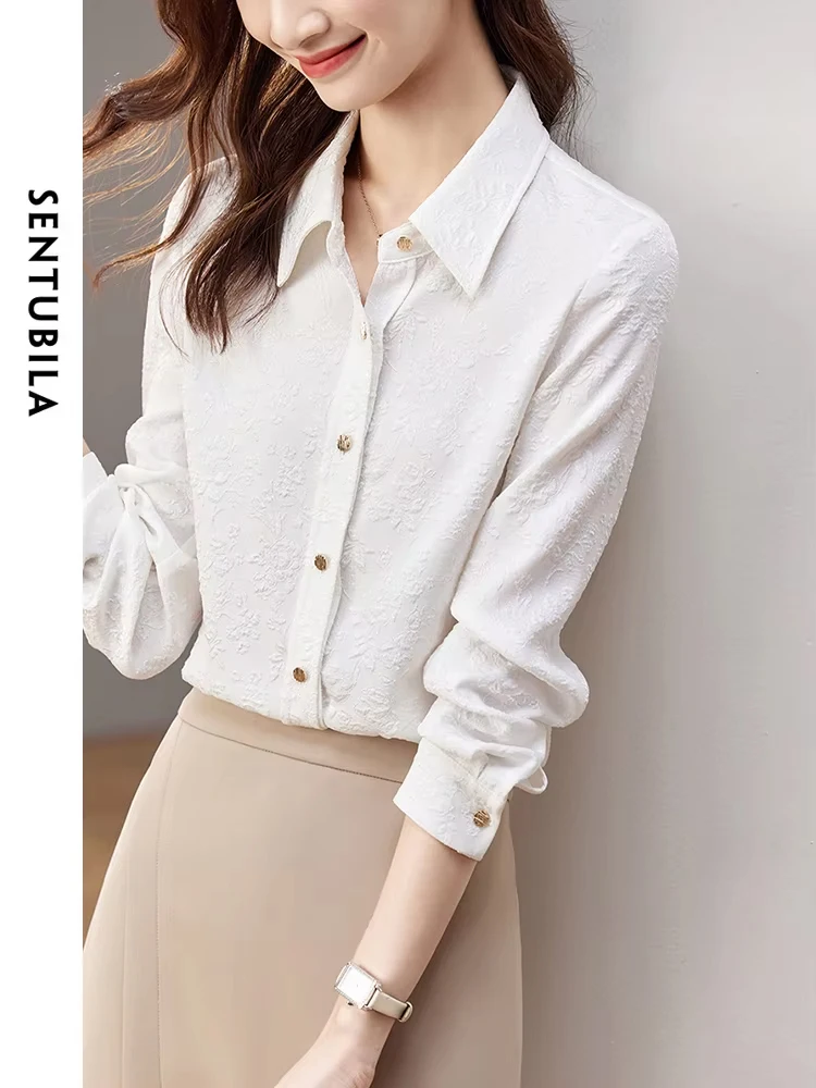 SENTUBILA Elegant Autumn White Shirts & Blouses Women Long Sleeve Fashion Button Down Shirt Office Lady Jacquard Tops 123C42975