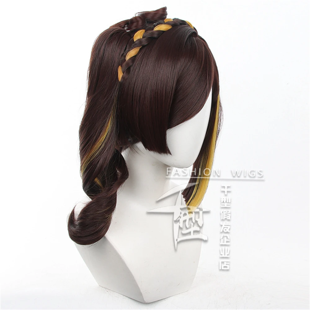Peluca de Cosplay Chiori, pelucas de cola de caballo de 40cm de largo, pelucas de colores mezclados marrón amarillo, pelo sintético resistente al calor, pelucas para fiesta de Halloween + W