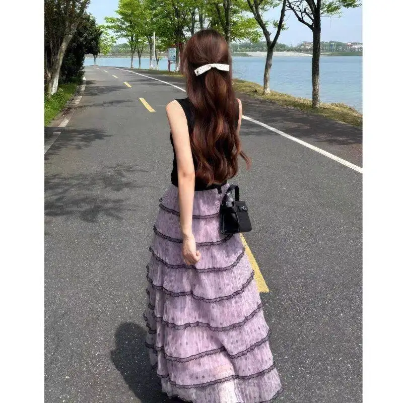 

Violet Elegant Long A-Line Skirt Women's Retro High Waist Draped Large Hemline Cake Skirt Two-Piece Set Casual Polyester