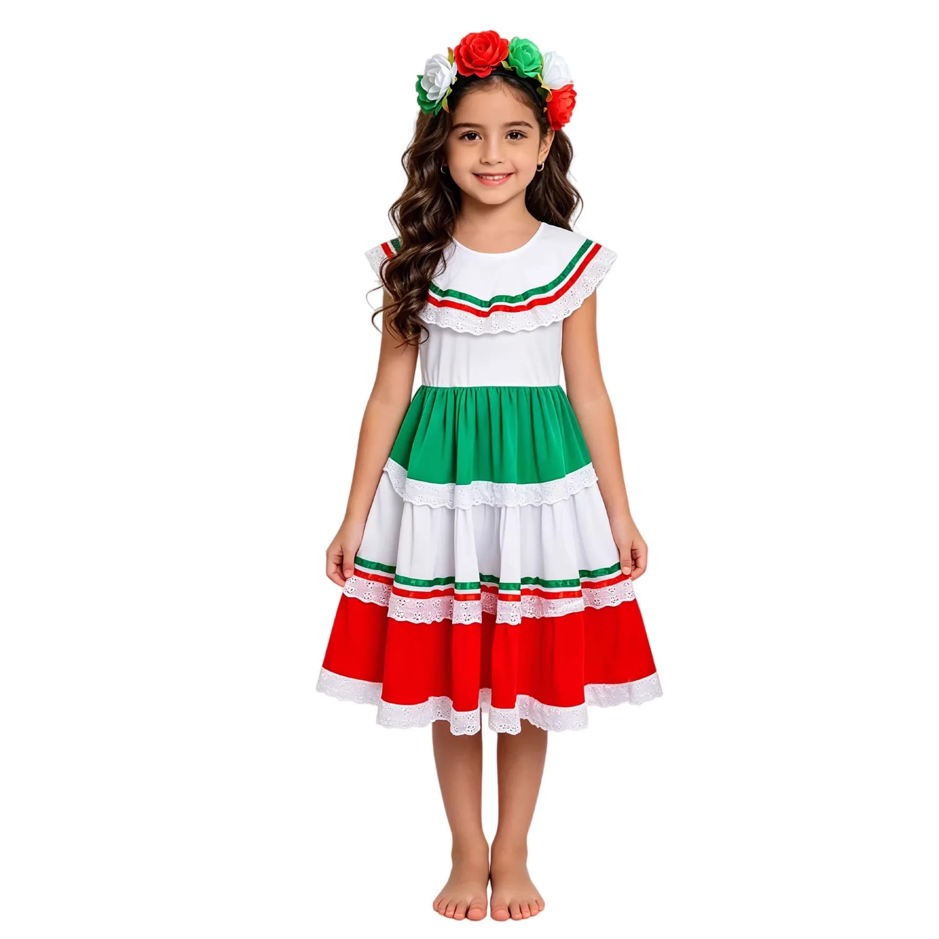 

Childrens Mexican Ethnic Dance Dress Day of The Dead Party Costume for Kindergarten Childrens Day Show