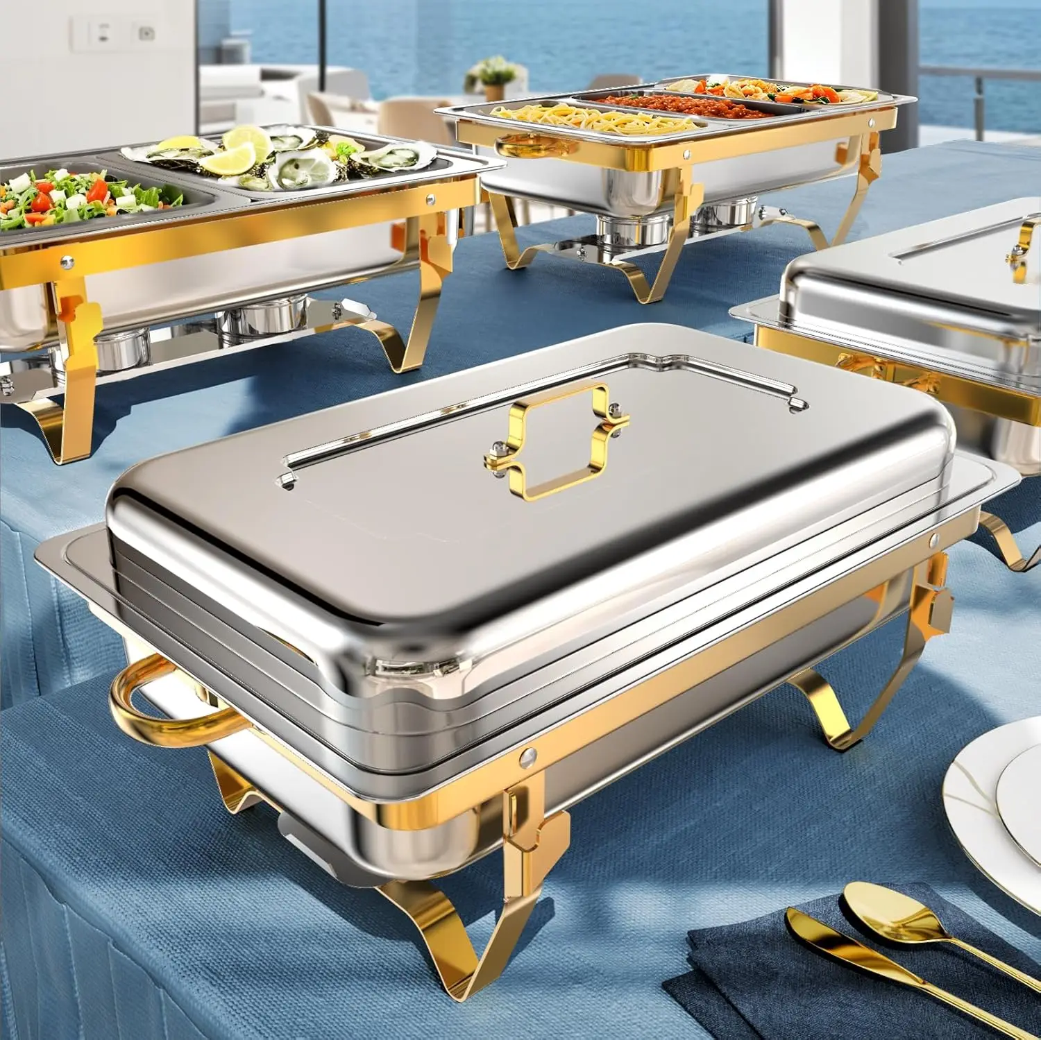 

9Qt 4-Pack Stainless Steel Chafing Dish Set for Buffets, Parties & Events - Durable Gold Design