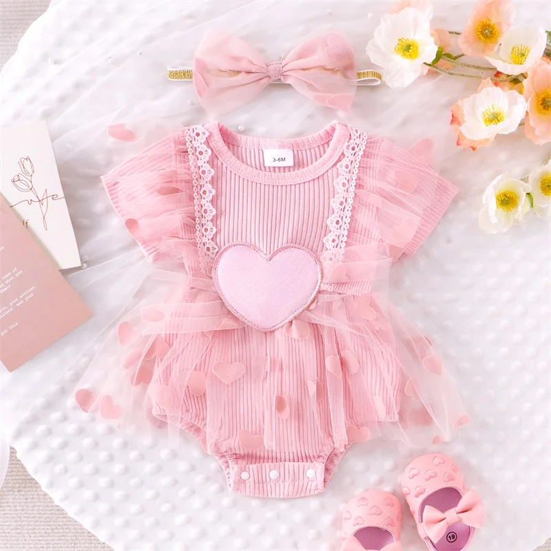 

My First Valentines Outfit Baby Girl Dress Bear Heart Fly Sleeve Love Tutu Tulle Romper Dress with Headband
