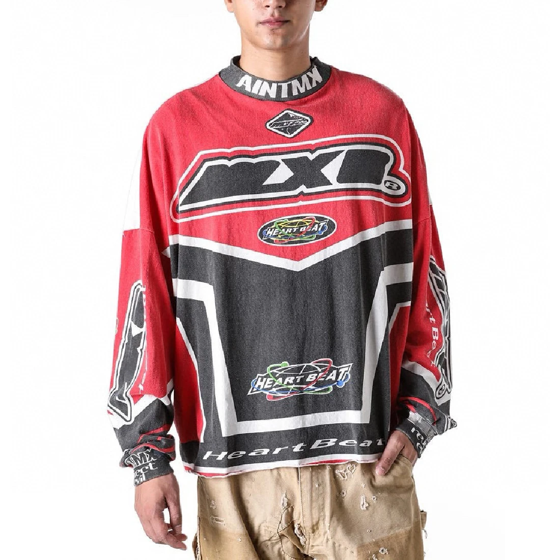 NIGO Men's Red White Racing Suit Spring Autumn High Street Distressed Round Neck Long Sleeve T Shirt Ngvp #nigo9717