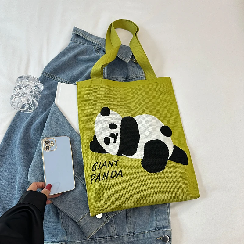 Cute panda pattern women\'s knitted tote shoulder bag Shopping bag Mom bag leisure shopping shopping holiday