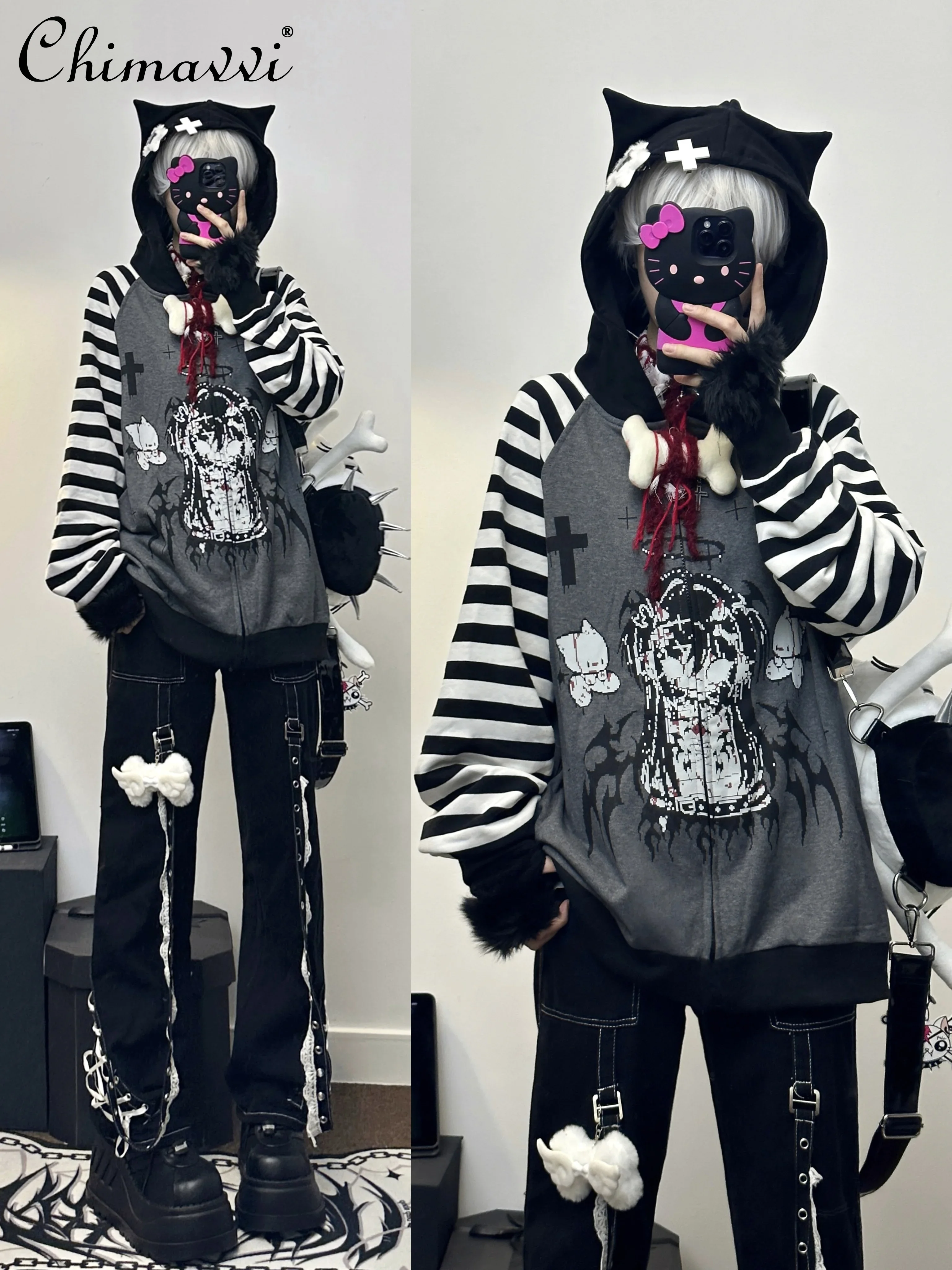 Original Striped Subculture Punk Splicing Loose Print Hooded Sweatshirt Autumn New Cute Cat Ear Kawaii Women Hoodies Jacket