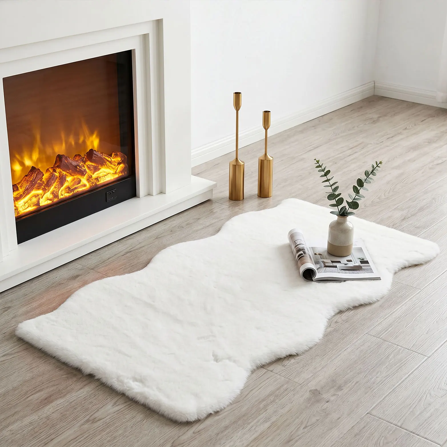 A Faux Rabbit Fur Wavy Irregular-Shaped Long Carpet, a Soft and Silent Ambiance Plush Decorative Rug by the Wabi-Sabi Fireplace