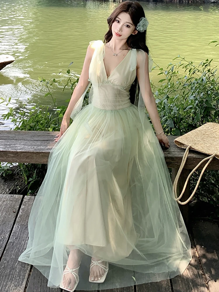 ฤดูร้อนสีเขียวตาข่ายเก๋โบว์สลิงชุดยาวผู้หญิงElegant Causal Ruffled Promเสื้อผ้า 2025 Korenaแฟชั่นBodycon Holiday Dress