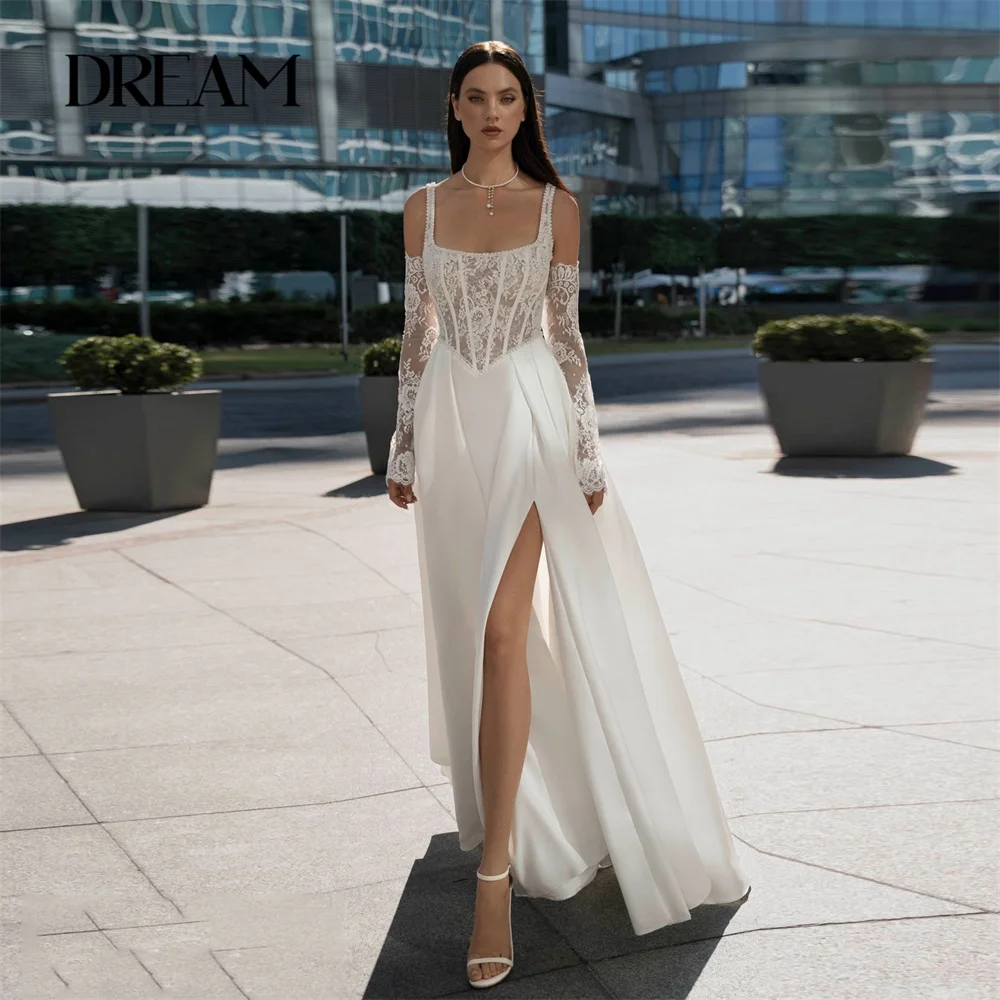 

DREAM Modern A-Line Lace Wedding Dress 2025 Square Collar Spaghetti Straps Split Pleat Bridal Gown Vestidos De Noiva Customized