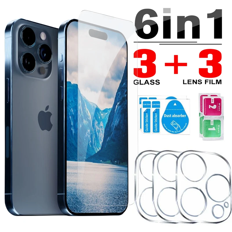 For iPhone 15 Pro/15Plus/15Pro Max iPhone15 HD Clear 3 Screen Protector with 3 Camera Lens Tempered Glass For iPhone 15Pro 6.1in