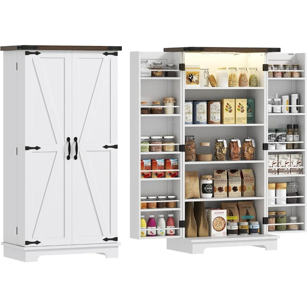 

47" LED Kitchen Pantry Cabinet, Farmhouse Storage Cabinet with 5 Deep Shelves and 12 Door Shelves, Freestanding Food Pantry wit