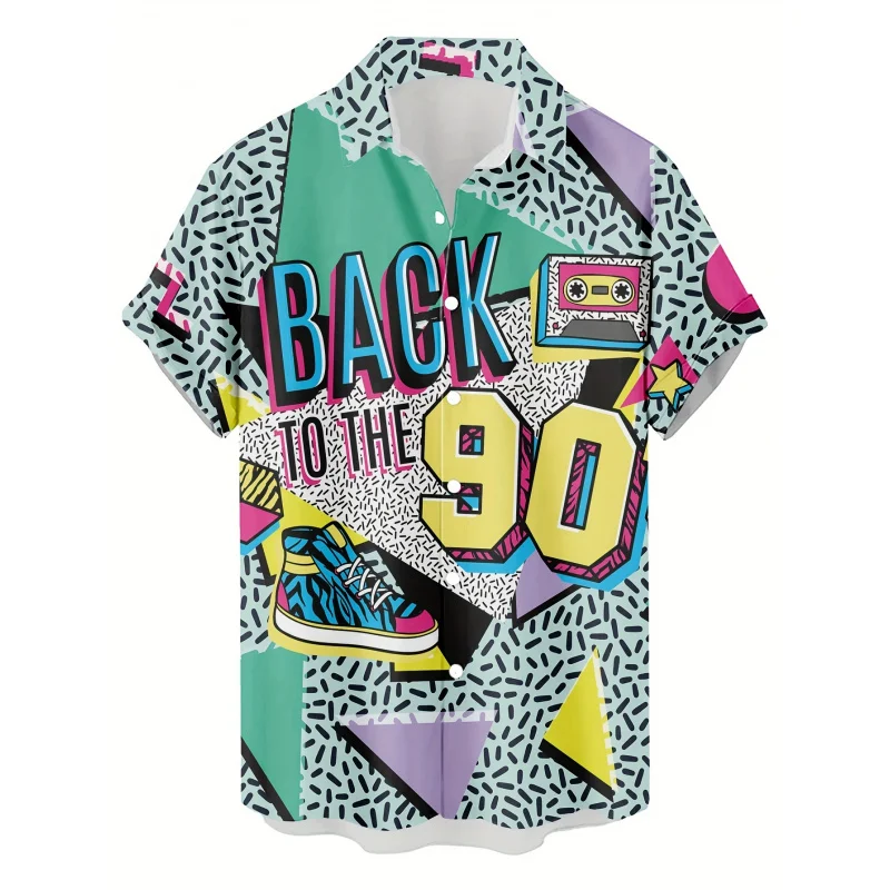 

90s Retro 3D Printed Men's Casual Hawaiian Streetwear Shirt - Short Sleeve, Woven Polyester, Regular Fit, Single Button Opening,