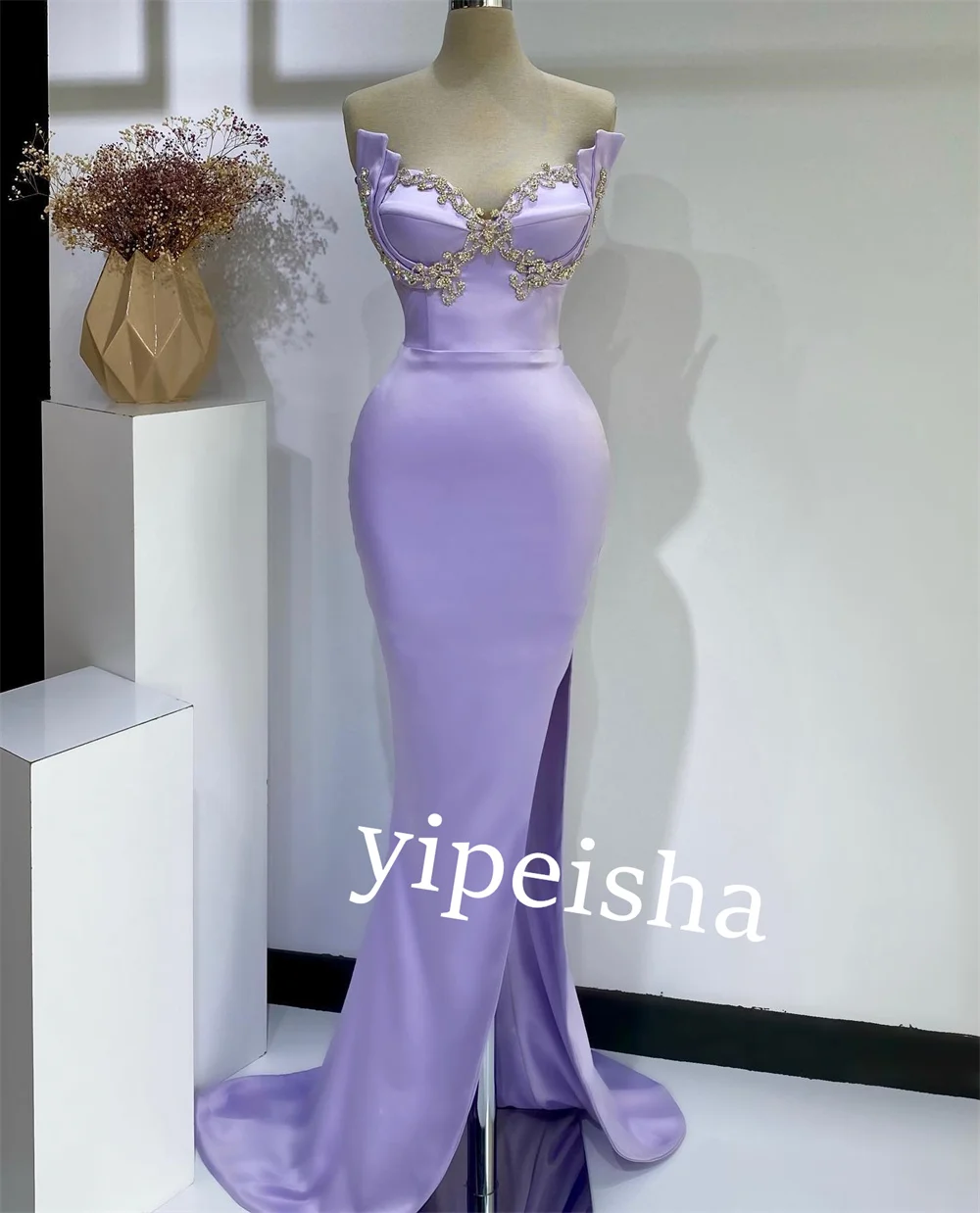 Strapless cetim Beading partido vestido, vestidos longos, ocasião, sereia, Bespoke