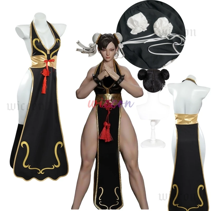 Chun Li Game Street Cosplay Costume Black Battle Dress Fighter Chinese Style Cheongsam Woman Adult Wig Blue Halloween Party