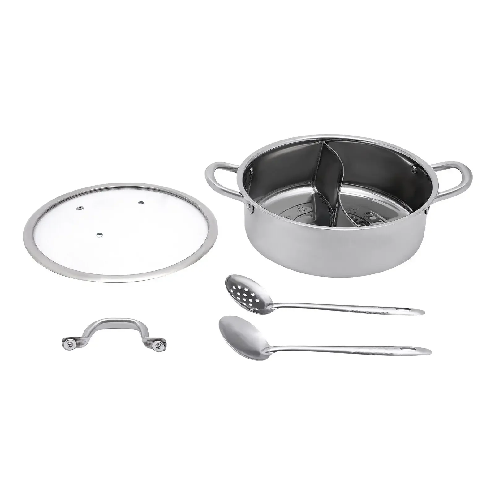 

28cm Stainless Steel Dual-Sided Shabu Hot Pot Cooking with Lid, Divider Double Bottom Includes 2 Ladles, for Induction and Gas