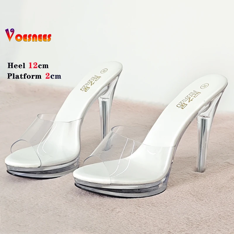 Summer Open Toe Crystal Sandals 12cm Thin Heels Wedding Woman Casual Shoes Crossdresser Peep Toe PVC Slippers Stripper Heels