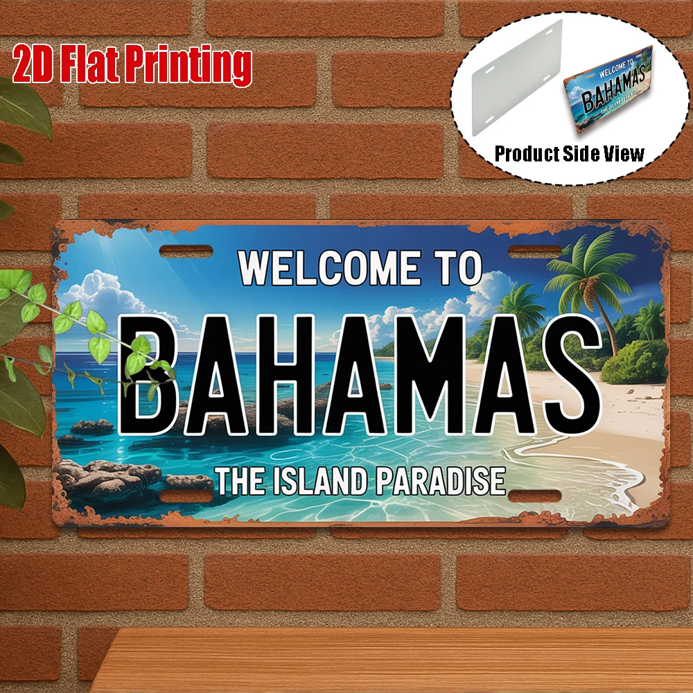 Welcome to Bahamas The Island Paradise 2D Flat Printing License Plate Style Metal Tin Sign, Tropical Beach Themed Decorative