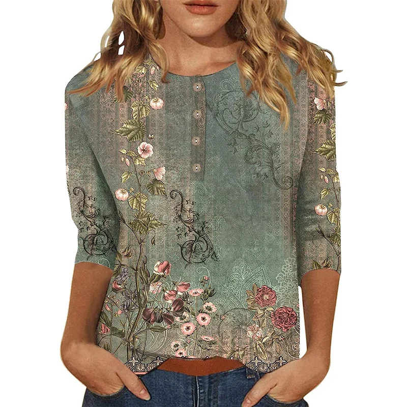 

Women Button Splicing Half-open O Neck T-Shirt Elegant Botanical Flower Print Seven-quarter Sleeve Tees Female Casual Loose Tops