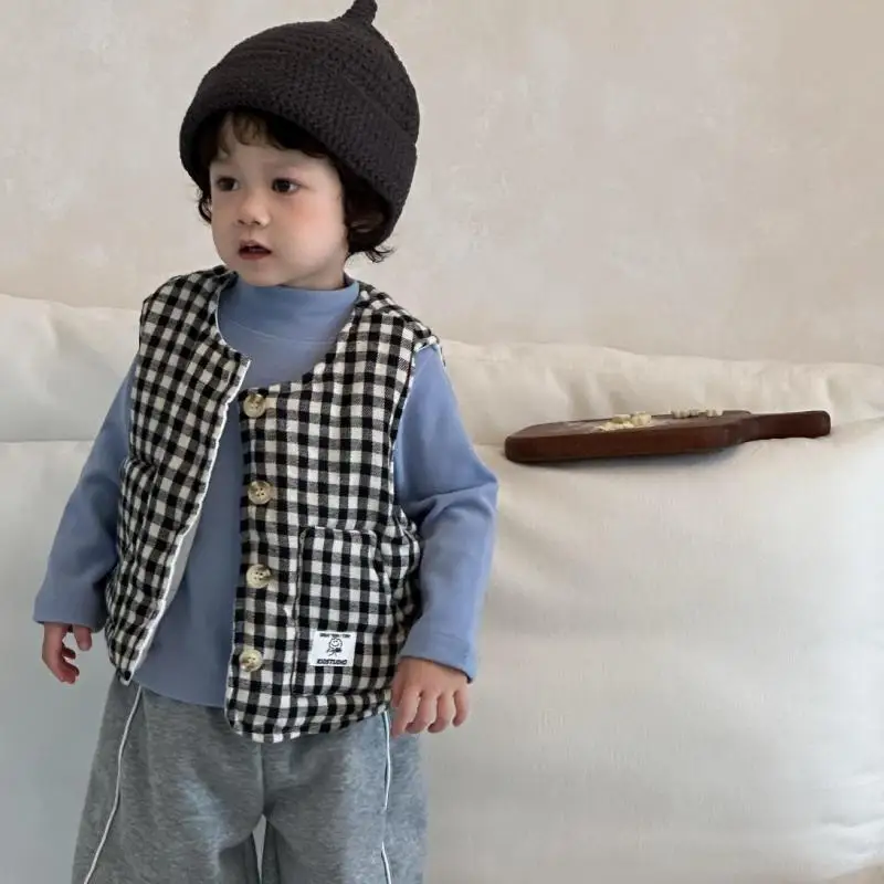 

2025 Winter New Children Sleeveless Warm Vest Boys Girls Plaid Vest Baby Casual Coat Cute Infant Tops Kids Fleece Clothes