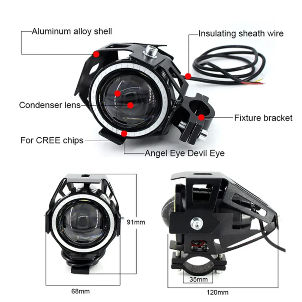 LED Motorcycle Angel Eyes Motorbike LED Auxiliary Lamp U7 Headlamp Spotlights Motorcycle Headlights Super Bright 125W 2Pcs/set