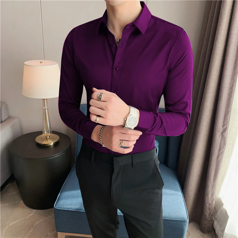 Four Season Wear Gentleman Social Party Regular Fit Purple White Black Button Down Long Sleeve  Men Tuxedo Shirts