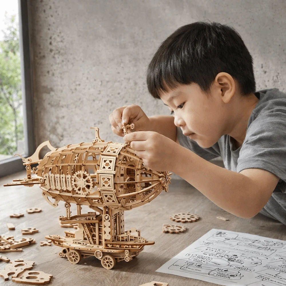 نموذج سفينة هوائية خشبية للبناء، تصميم ميكانيكي يدوي الصنع، لغز خشبي ثلاثي الأبعاد، مجموعات نماذج ميكانيكية ثلاثية الأبعاد، نموذج للبناء