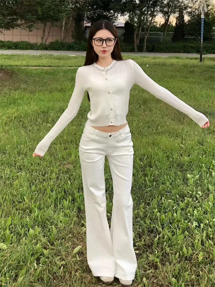 

Low-Waist Loose-Fit Women's Jeans High Waist Extended Length Micro Flared Floor-Length Pants Spring Autumn Pure Color