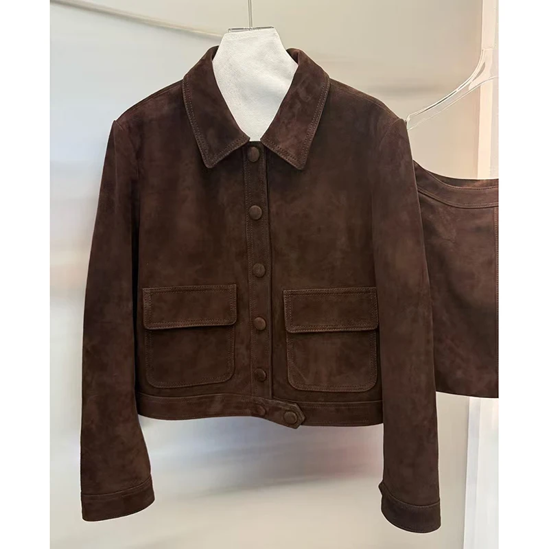 Autumn Outerwear Women’s Kid Suede Leather Jacket Lapel Tooling Wind Single Breasted Casual Long Sleeve Short Silm Leather Coat