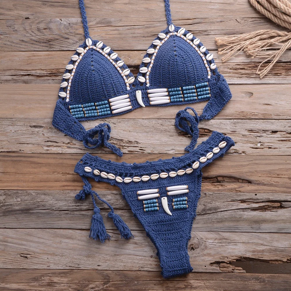 Conjunto de bikini con cuentas de concha azul para mujer, bañador de ganchillo hecho a mano, traje de baño de realce, ropa de playa de punto, traje