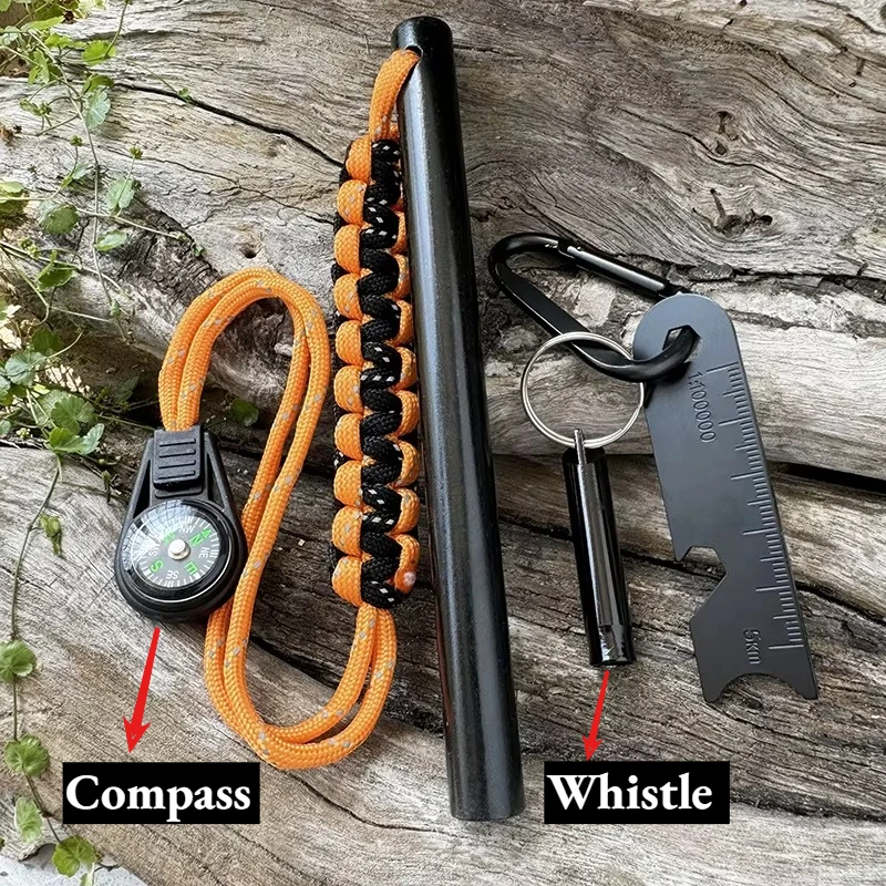 Outdoor Survival Fire Starter Kit Ferrocerium Rod with Compass Whistle & Multi-Tool Scraper All-Weather Fire Steel for Bushcraft view 3