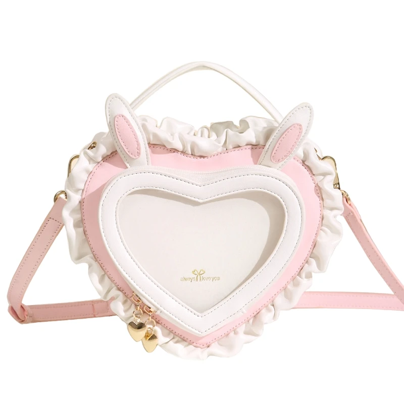 2025 New Rabbit Ears Peach Heart Transparent Pain Bag Bar and Grip Handheld Single Shoulder Women's  Cute Lace Bag Lolita