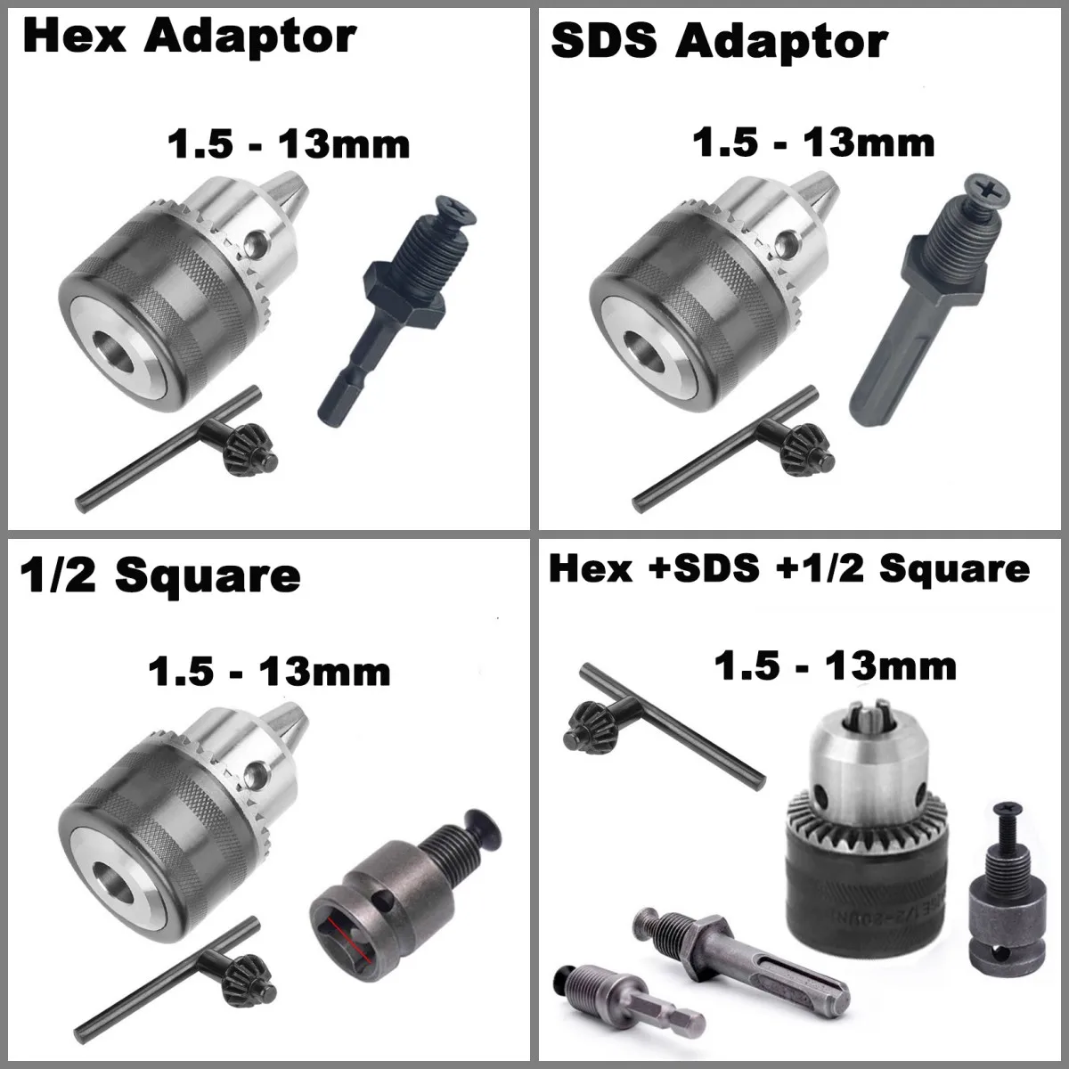 1.5-13mm Converter 1/2 20UNF Key Drill Chuck Thread Adapter Hex SDS 1/2 Square Impact Driver Wrench Bit Connecting Rod Hex