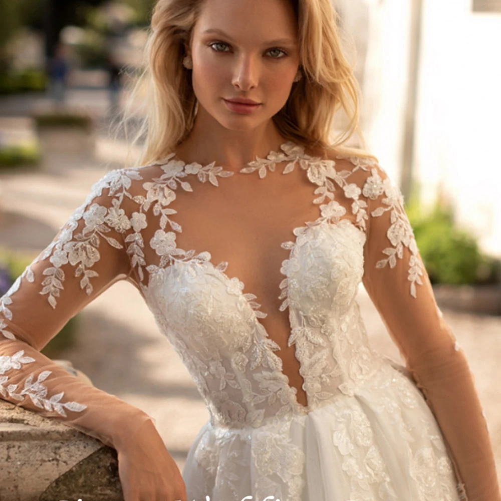 Vestido de casamento com decote em v para mulheres, mangas compridas, apliques de renda, botão traseiro, tule personalizado para medir, robe de mariee para mulheres, 2023