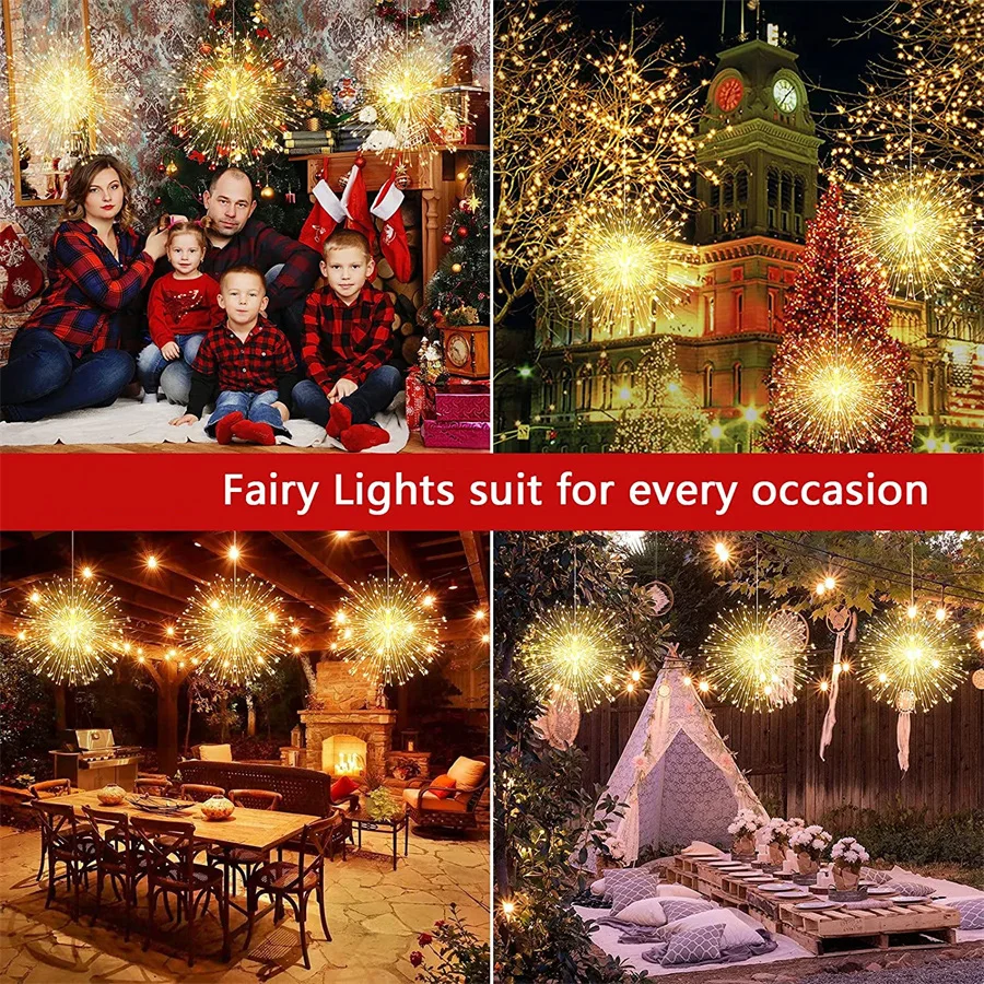 5 Pack 600 LED Connectable Firework Lights Outdoor Copper Wire Sparklers Starburst Lights Holiday Firecracker Fairy String Light