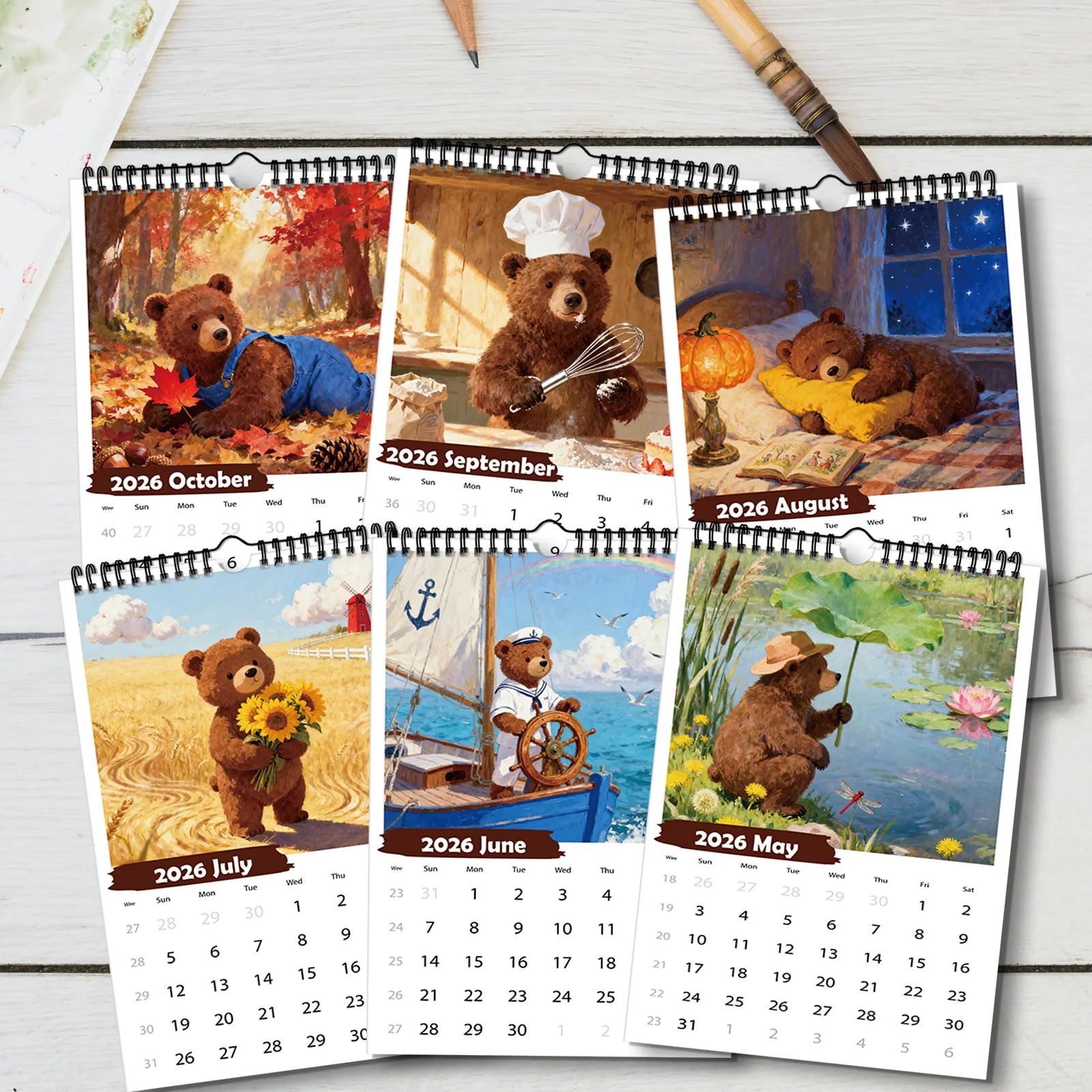 1 قطعة 2026 تقويم حائط شهري على شكل دب مضحك ، مقاس A4 ، مع 12 أنماط رائعة ، مخطط ديكور ، هدية مثالية لعيد الميلاد والعام الجديد