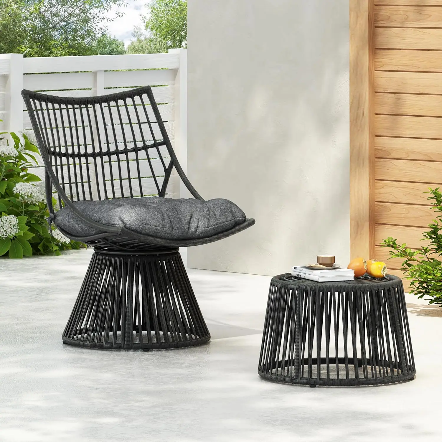 ,Rattan Chat Set with Club Chair, Side Table and Water Re，Outdoor 2 Piece Wicker Patio Furniture Set, Woven Seating Accent Chair