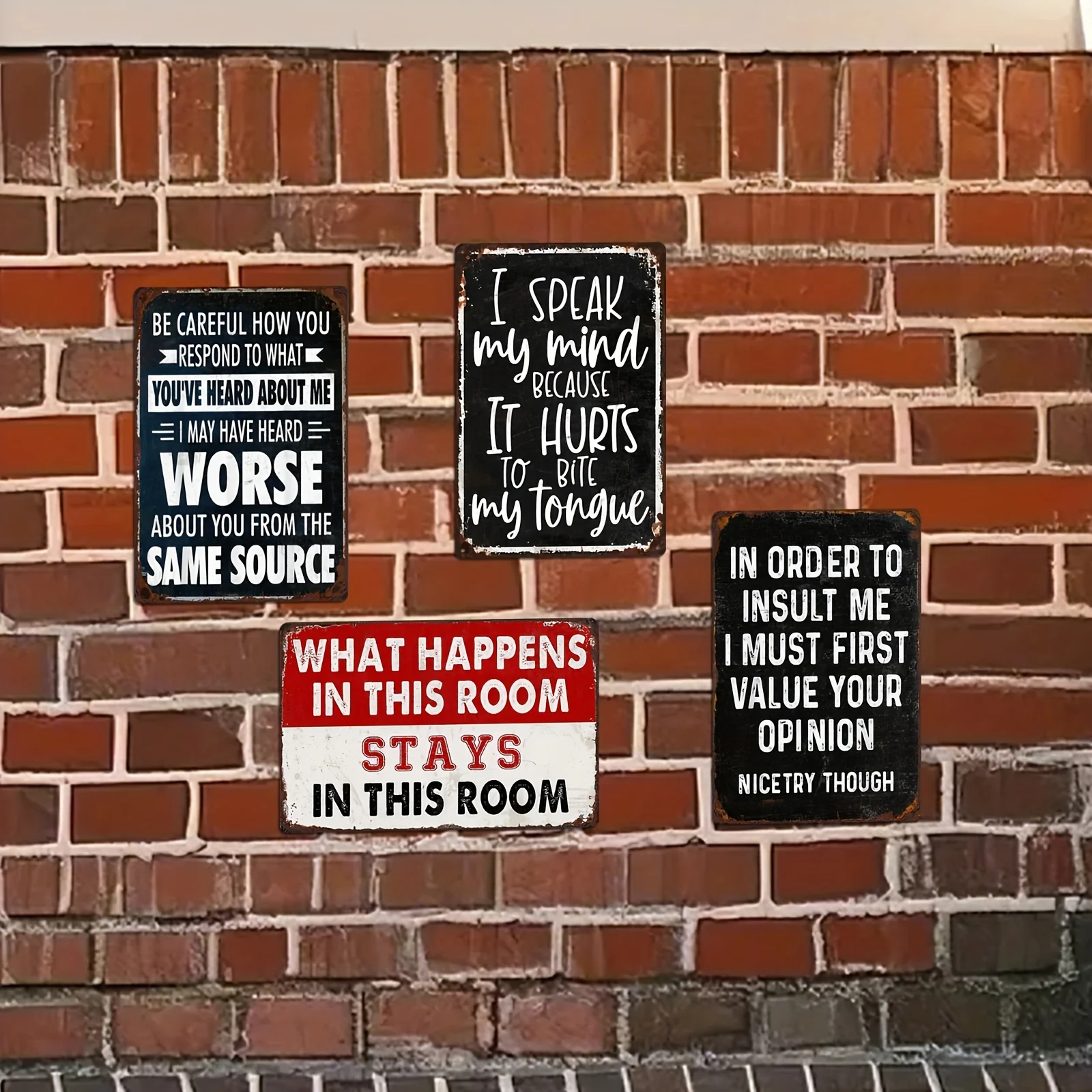 4pcs Vintage Sarcastic Humor Tin Sign Set Wall Decor, Featuring 'Speak My Mind', 'Room Secrets', 'Opinion Insult' & Gossip