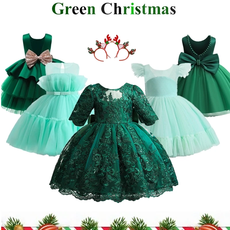 Toddler Baby Girls Lace Dresses Embroidery Elegant Christmas Princess Dresses for 1-5 Yrs Newborn Infant Outfits Green Christmas