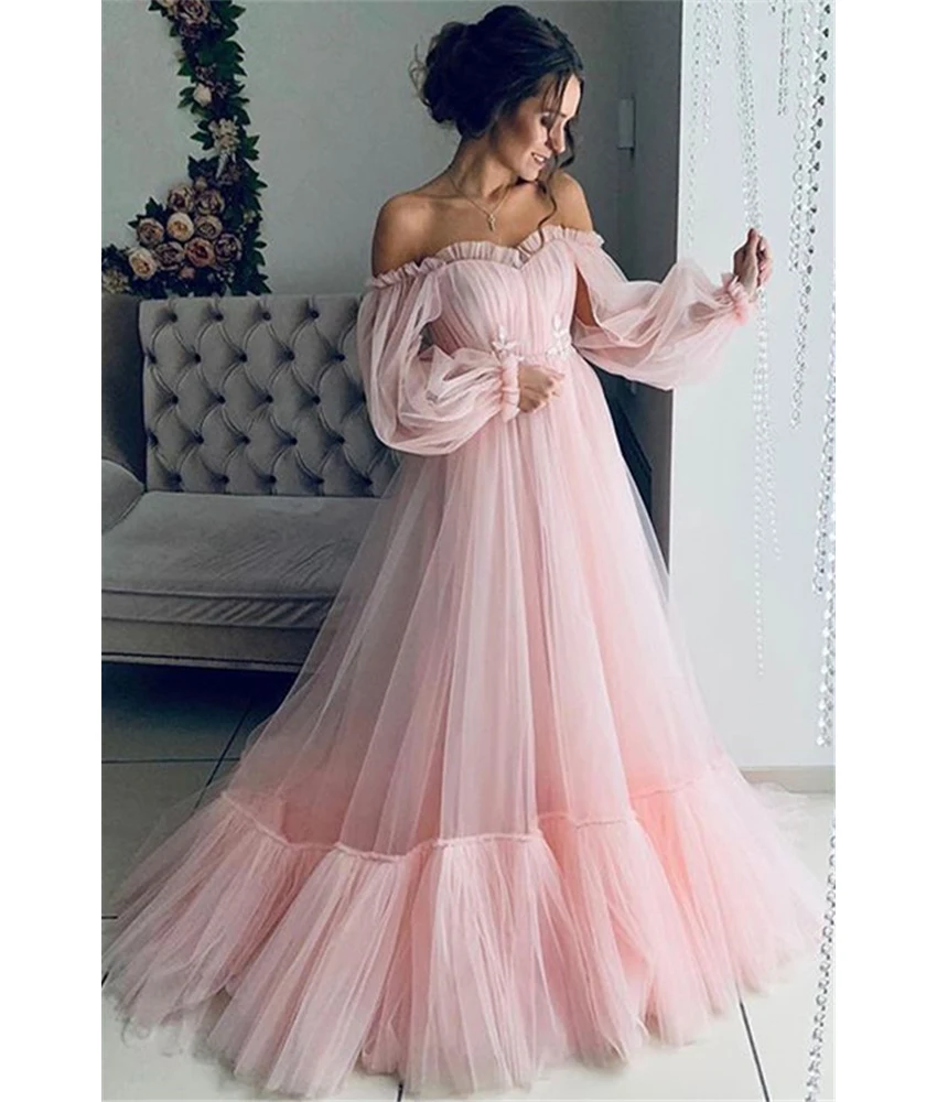 

Customized Classic Tulle A-Line Off the Shoulder Ruffles Evening Dress High Quality Sweetheart Long Sleeves prom dresses