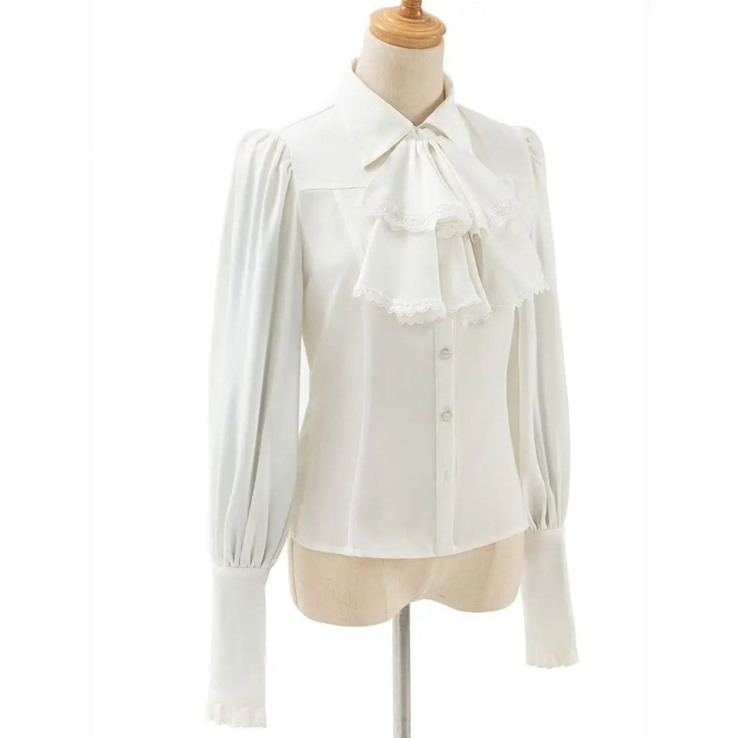Lay Down Collar Lace Cosplay Blouse Women Long Sleeve Frilled Jabot Tie Button Up Shirt Retro Elegant Top For Holiday Dress Up