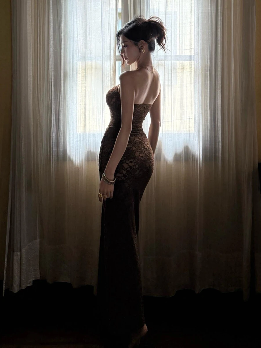 REDDACHiC dentelle florale femmes robe Tube creux paillettes torsion Corset noeud moulante Maxi robe longue Hotties Vintage vêtements formels