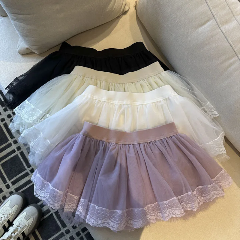 Sweet Lace Patchwork Mini Skirt Women Summer Preppy Kawaii Mesh A Line Cake Skirts Cute High Waist Casual Harajuku Japan Skirt