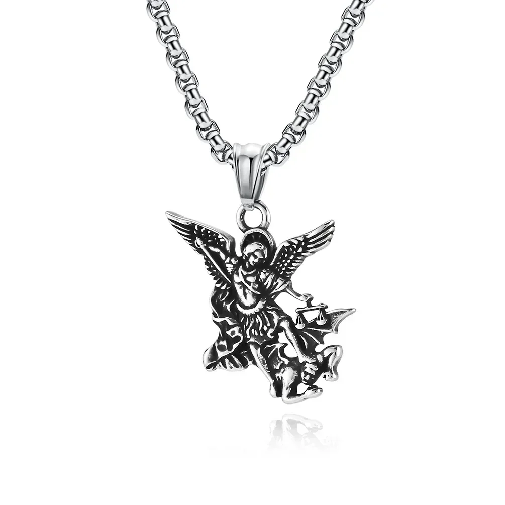 Stainless Steel Saint Michael Archangel Pendant Necklace, Vintage Catholicism Jewelry for Men