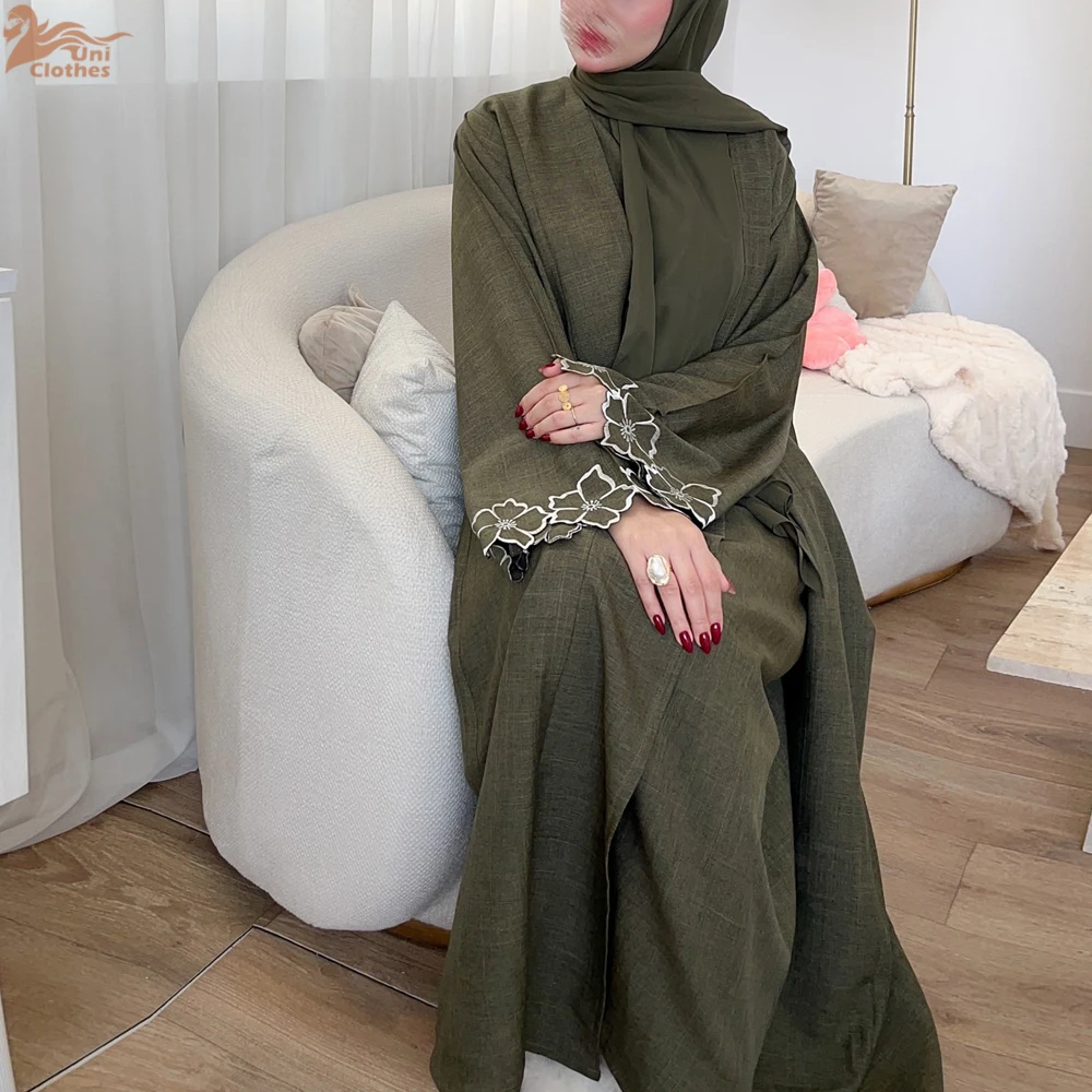 

2 Piece Dubai Women Flower Embroidery Open Abaya Dress Luxury Ramadan Eid Arabic Muslim Modest Clothing Islam Turkey Solid Robe