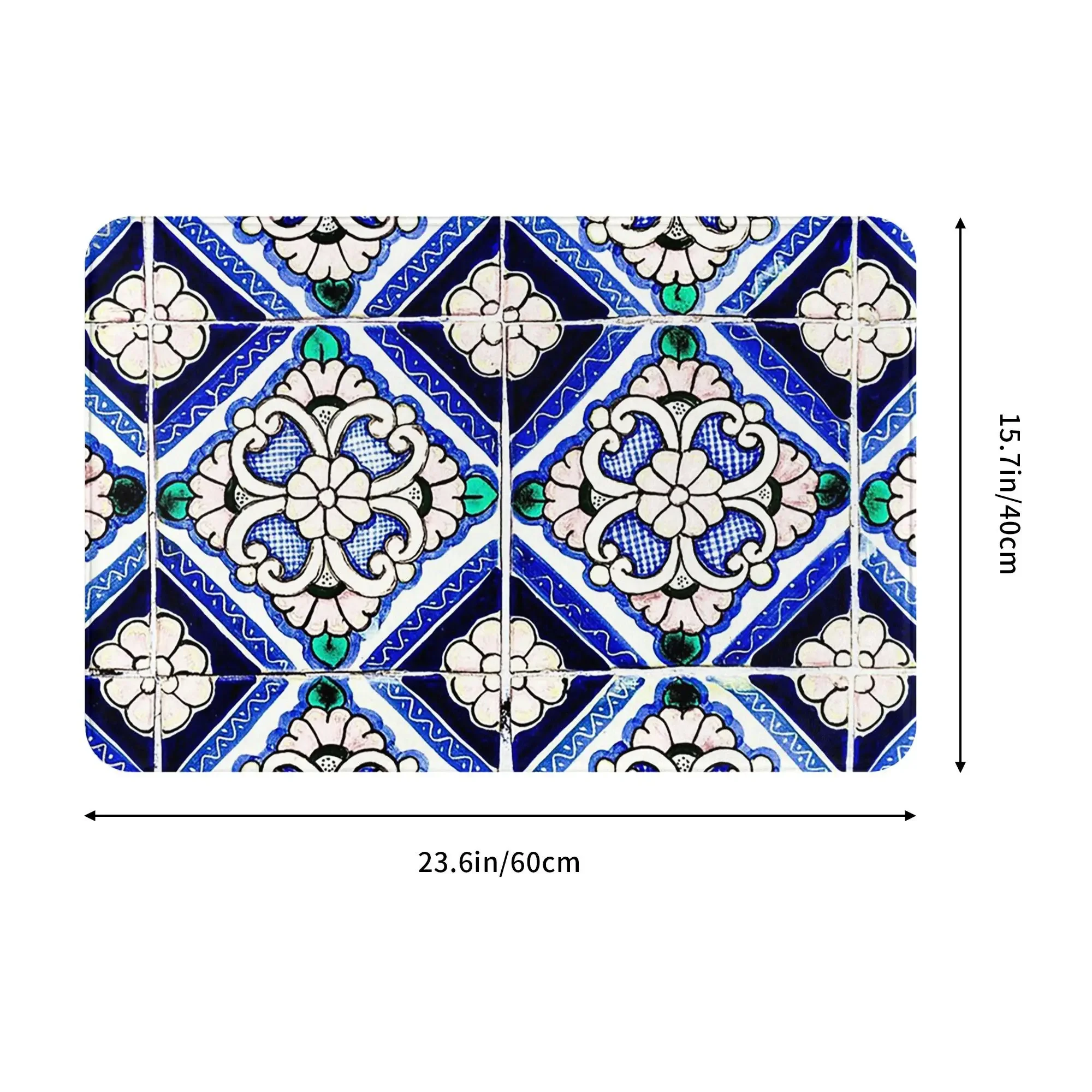 Azulejo Spanish Pattern Tiles Navy Blue White Non-slip Doormat Floor Mat Rug for Kitchen Entrance Home Balcony Footpad Mats