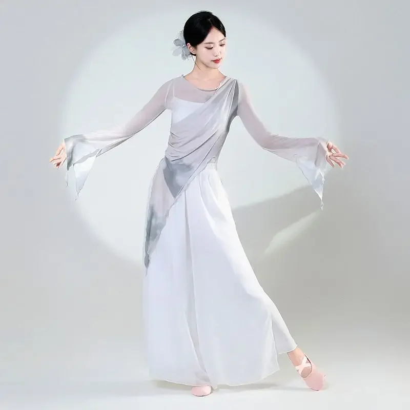 Traditional Chinese Dance Costume Gray Sheer Gradient Top White Culottes Improved Modern Hanfu Classical Dance Costumes