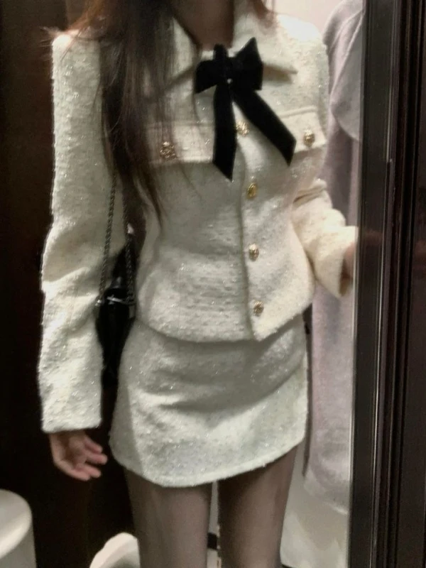 

Зимний модный твидовый комплект из пальто и юбки с бантом, высокая талия, эстетичная длина, французский женский наряд