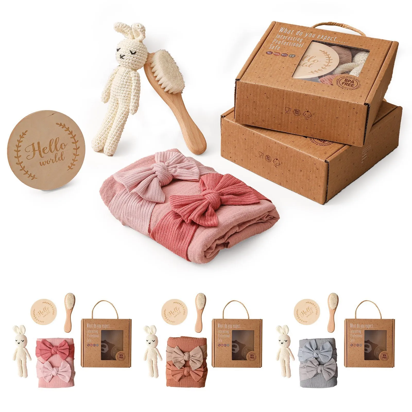 1Set Bath Toys Set Baby Towel Newborn Gifts Box Kids Double Sided Cotton Burp Cloth Headband Wooden Hair Brush Children's Toys