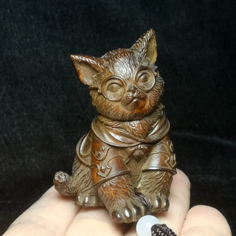 

1919 Antique art Size 2.3 Inch Old Chinese Boxwood Wood Hand carved lovely cat Figurine statue Decoration Netsuke Collection